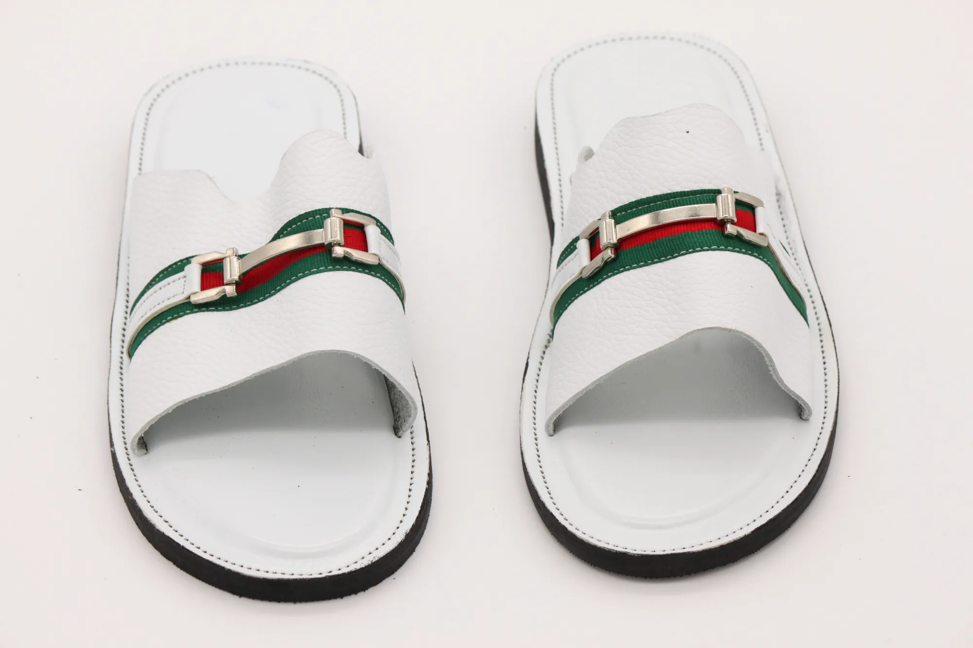 Stylish White Slide Sandals with Green and Red Accents