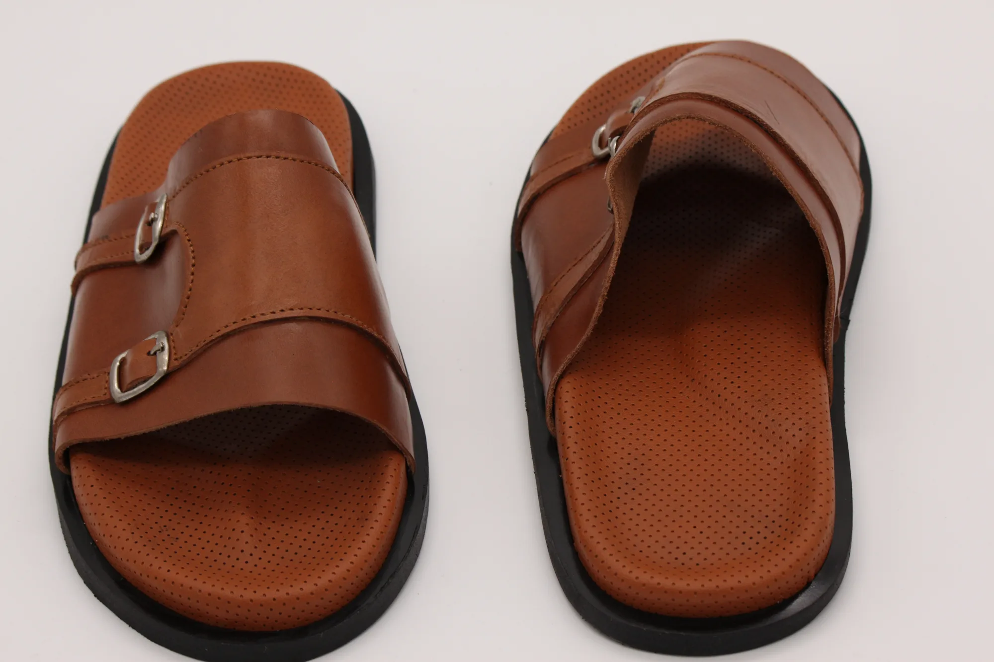 Brown Leather Slide Sandals with Buckles