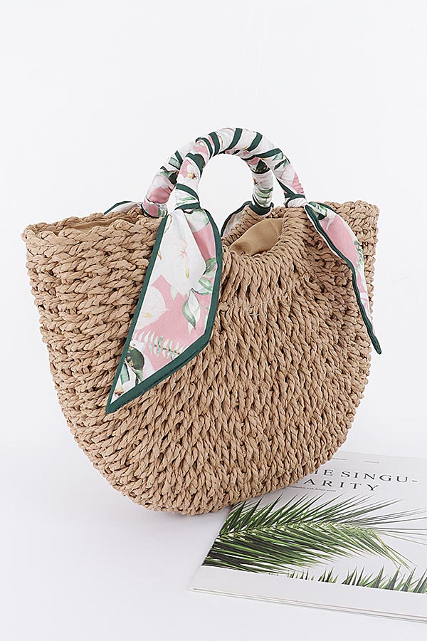 Scarf Decor Woven Straw Tote Bag