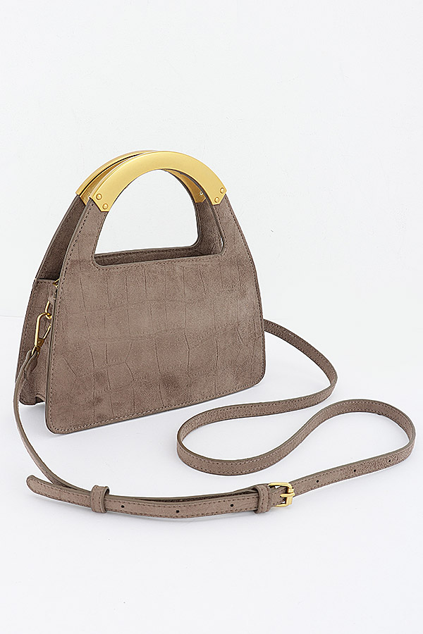 Faux Suede Croc Metal Handle Bag