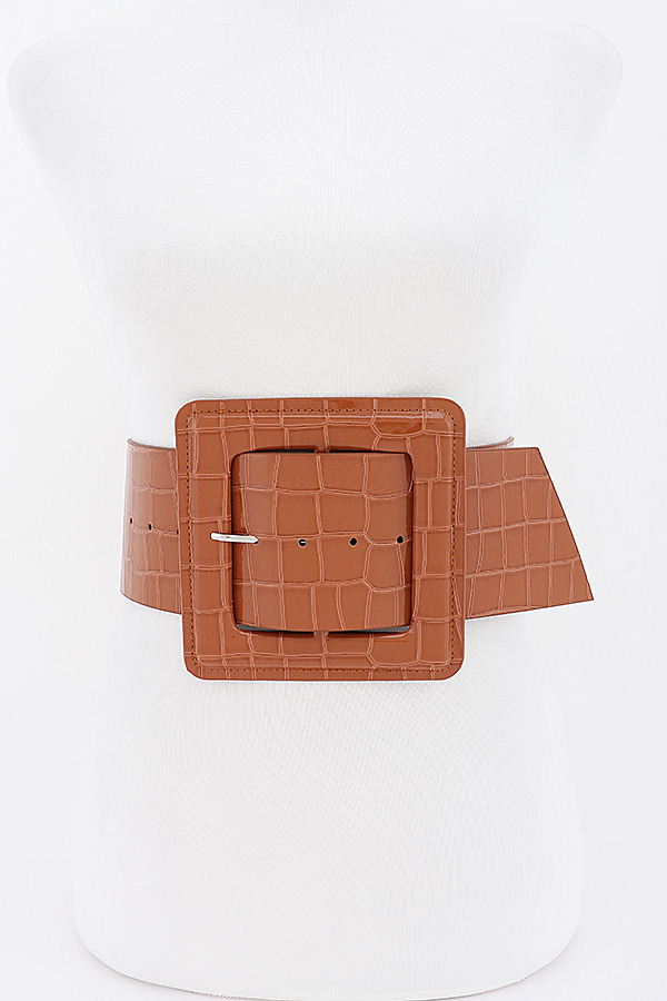 Glossy Croc Embossed Wide Waist Belt With Square Buckle