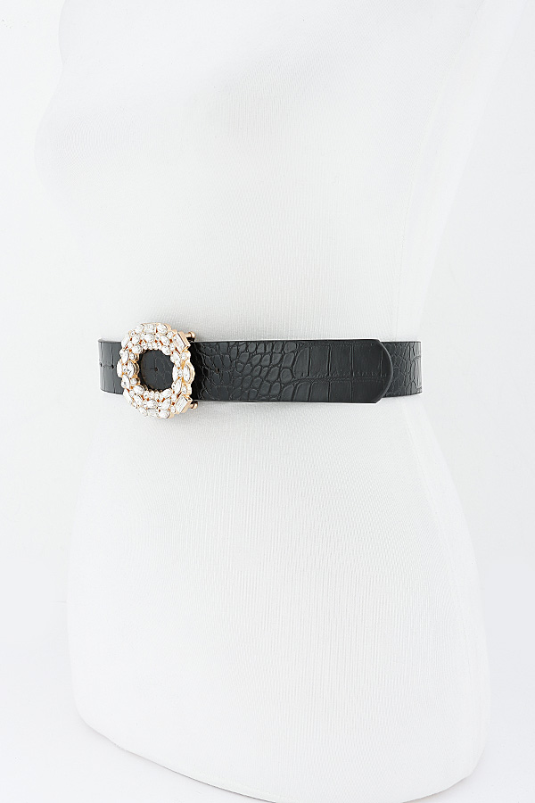 Rhinestone Oval Buckle Croc Embossed Thin Waist Belt