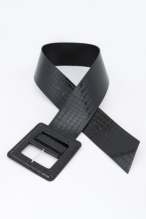 Croc Embossed Wide Waist Belt With Square Buckle