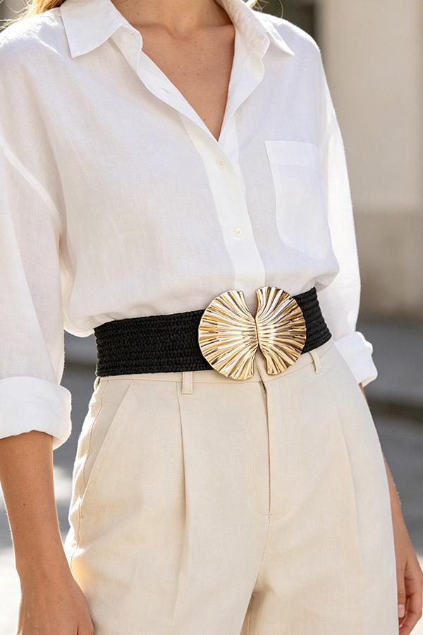 Faux Straw Metal Flower Stretch Belt