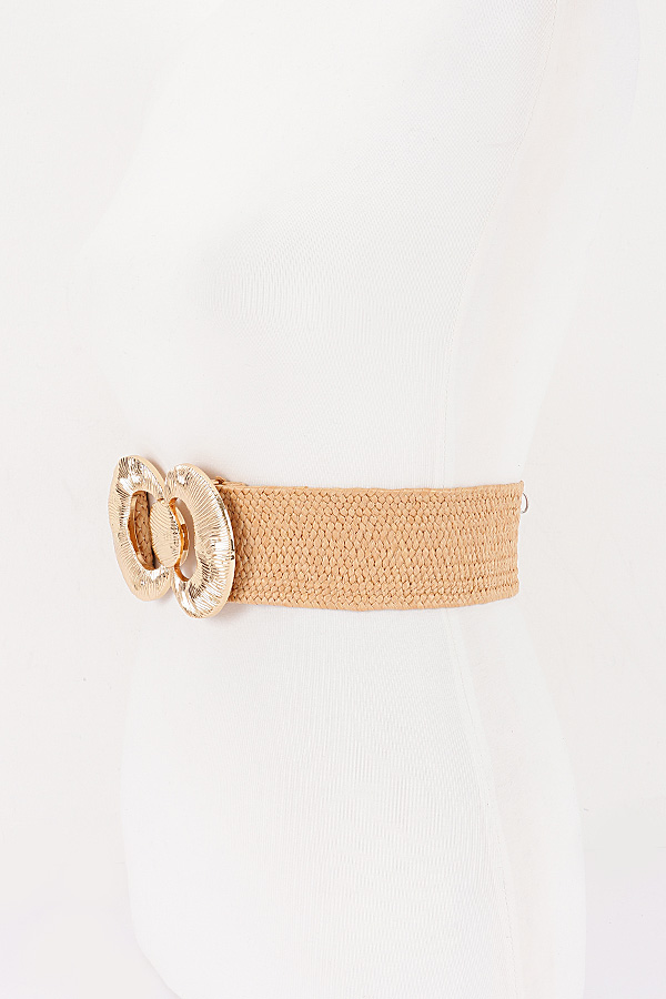 Faux Straw Big Metal Buckle Elastic Belt