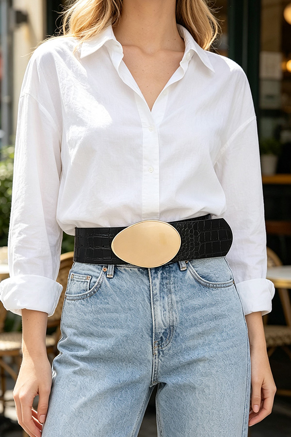 Oval Metal Buckle Croc Embossed Waist Belt