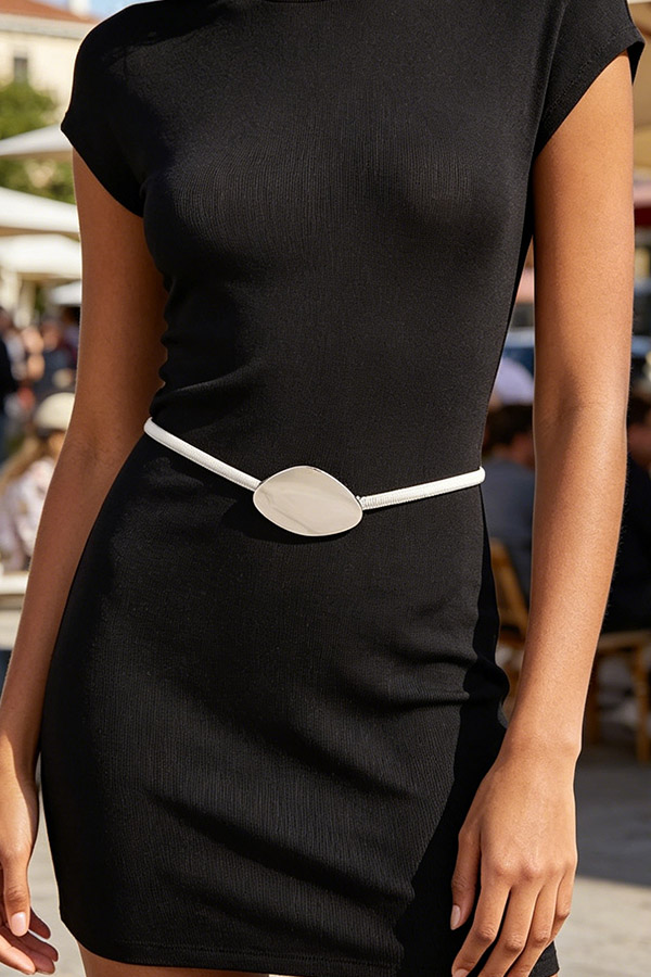 Oval Plate Thin Metal Stretch Waist Belt