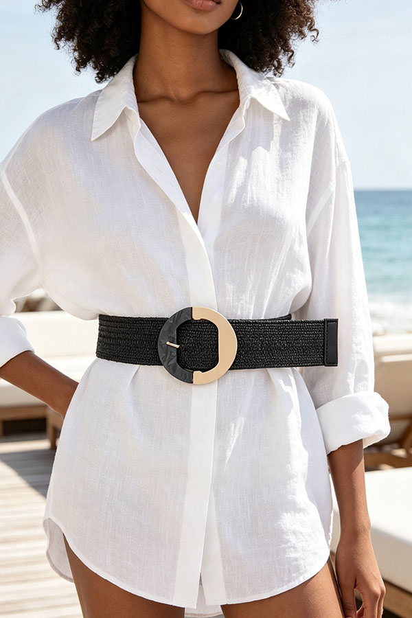 Faux Straw Marble Metal Buckle Stretch Belt
